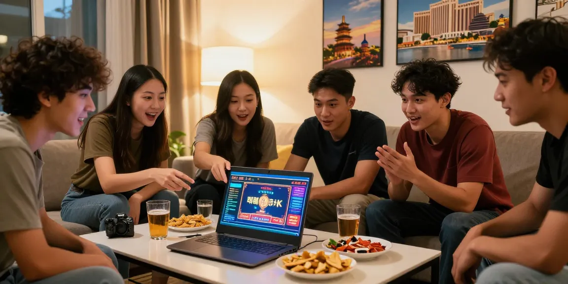 먹튀폴리스 검증에 대해 이야기하는 친구들, 카지노 게임 그래픽이 있는 현대적인 거실 모습