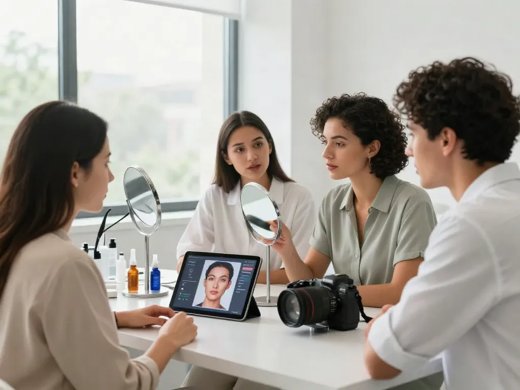 Group exploring alternatives to QOVES at a modern beauty analysis studio, discussing facial evaluation results with engaging expressions.