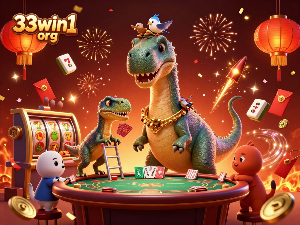 Engage with thrilling gaming action at 33win1 org featuring animated dinosaurs in a vibrant casino scene.