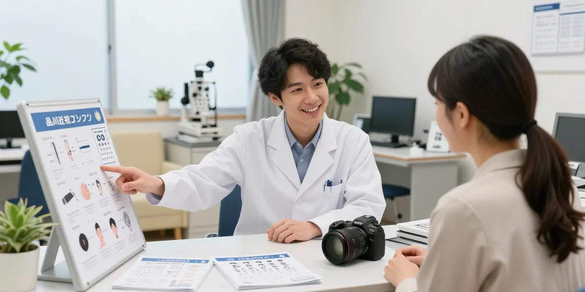 品川近視クリニックの口コミを紹介するクリニックシーンで、眼科医と患者が治療プランについて相談している様子