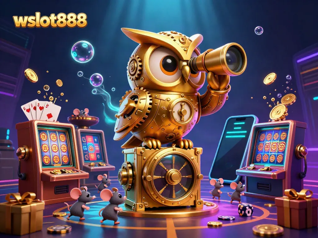Gambarkan keseruan bermain wslot888 dengan karakter burung hantu emas dan tikus bermain di mesin slot.