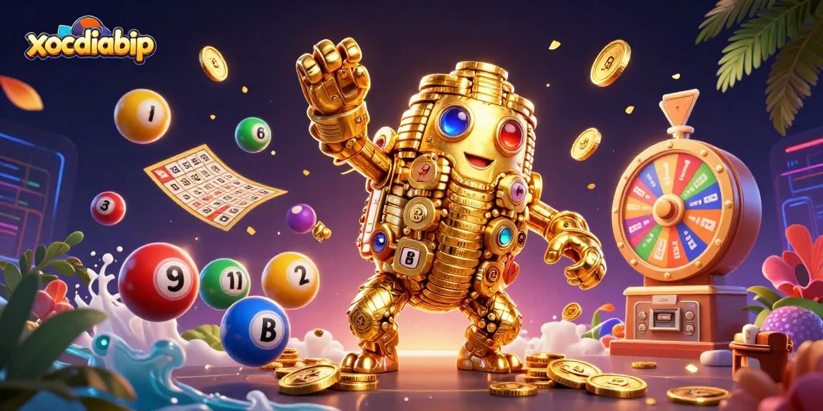 Play thrilling games at xocdiabip, featuring a vibrant lottery scene with golden surprises.