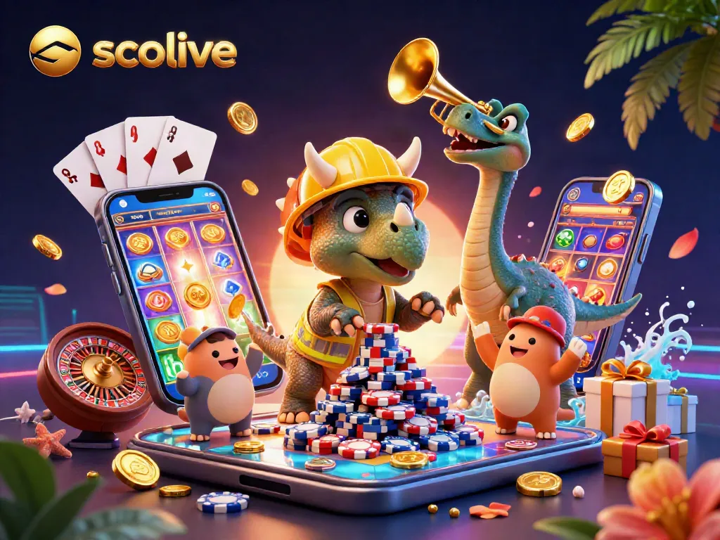 Socolive celebrates with a dynamic cartoon scene of a triceratops and parasaurolophus amid vibrant casino elements.