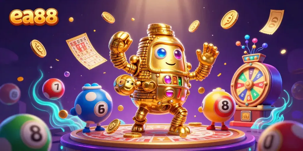 Golem vàng ea88 giữa các bóng xổ số, thẻ bingo, và máy xổ số.