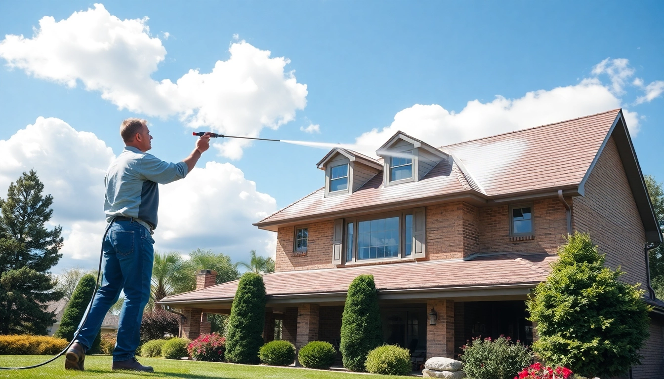 Roof Cleaning service with a professional team gently cleaning a home's roof using soft wash techniques.