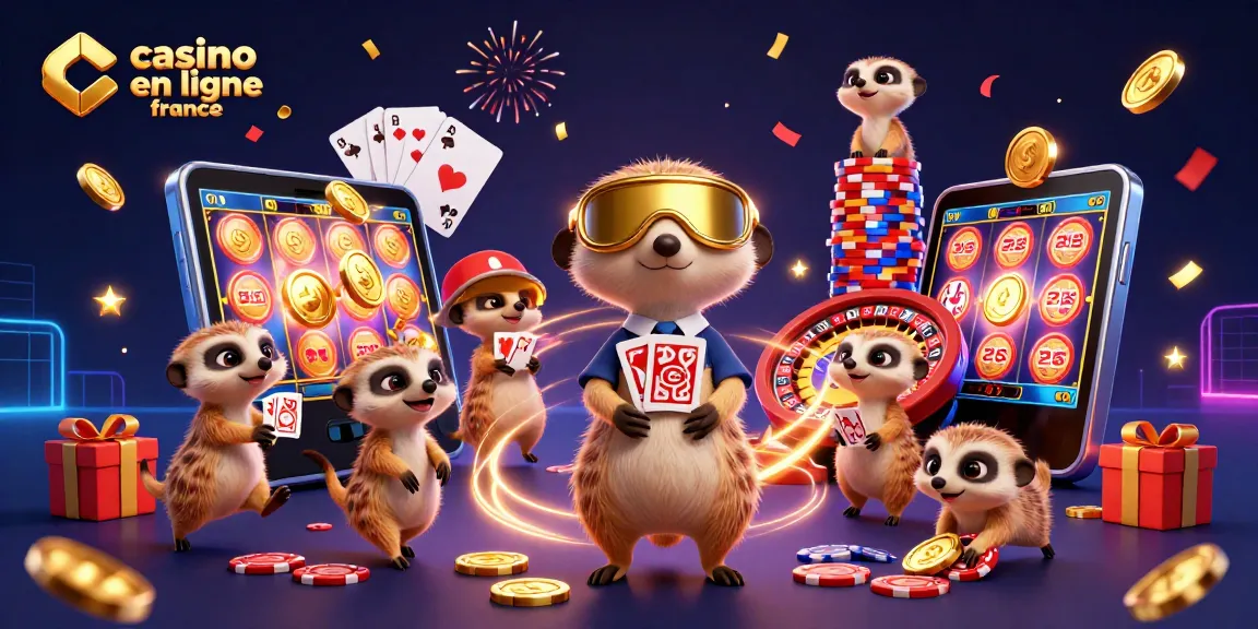 Animation de meerkats dans un casino virtuel, représentant le casino en ligne France avec des jeux de cartes et des jetons.