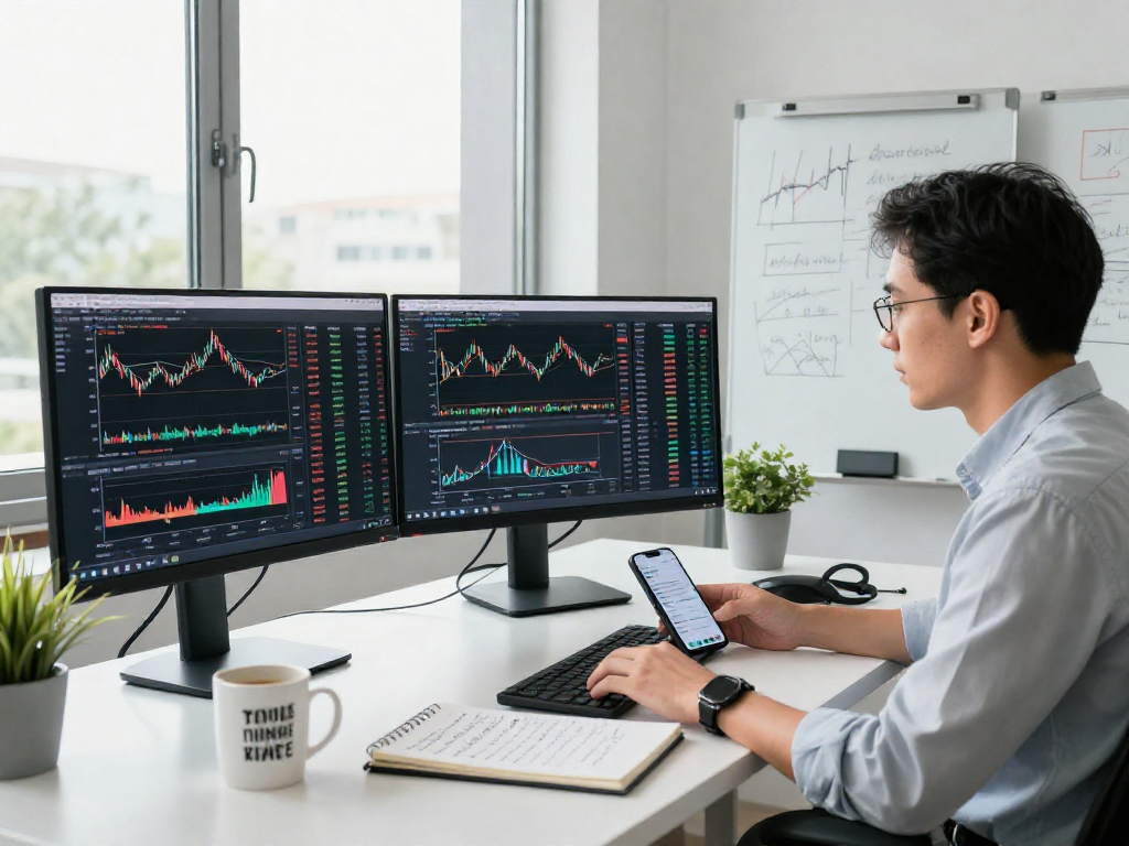 Financial analyst using TradingView for market research in a modern workspace.