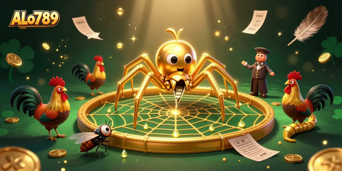 Place bets at ALo789 in a dynamic cockfighting scene with animated characters and vibrant casino elements.